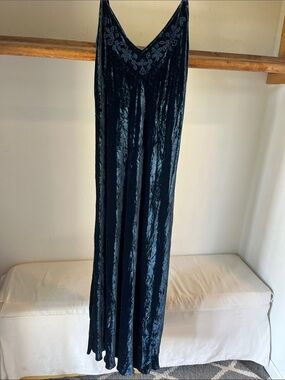 Velvet Embroidered Maxi Slip Dress in Dark Blue
